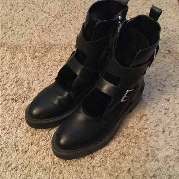 ☠️ ZARA TRAFALUC MOTO LEATHER & FAUX FUR EDGY BIKER BABE GRUNGE BUCKLE BOOTS - Picture 12 of 15